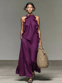 Women's Linen-Look Halterneck Maxi Dress with Front Ruffles - Maisie London