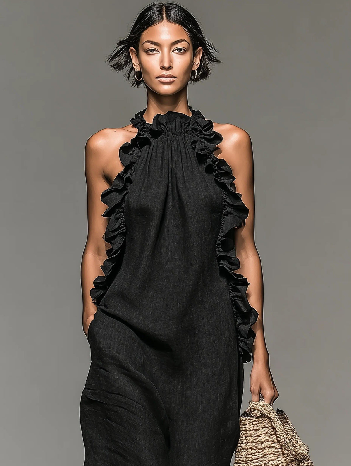 Women's Linen-Look Halterneck Maxi Dress with Front Ruffles - Maisie London
