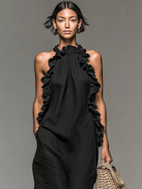 Women's Linen-Look Halterneck Maxi Dress with Front Ruffles - Maisie London