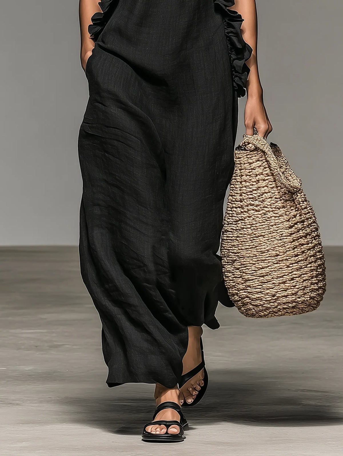 Women's Linen-Look Halterneck Maxi Dress with Front Ruffles - Maisie London