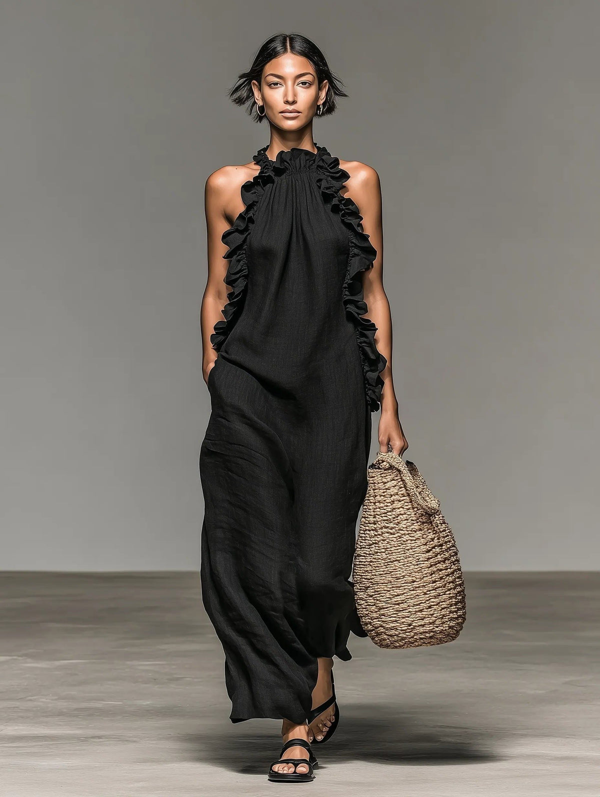 Women's Linen-Look Halterneck Maxi Dress with Front Ruffles - Maisie London