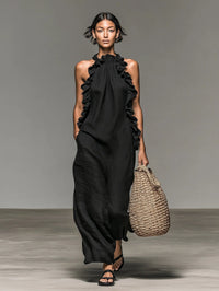 Women's Linen-Look Halterneck Maxi Dress with Front Ruffles - Maisie London