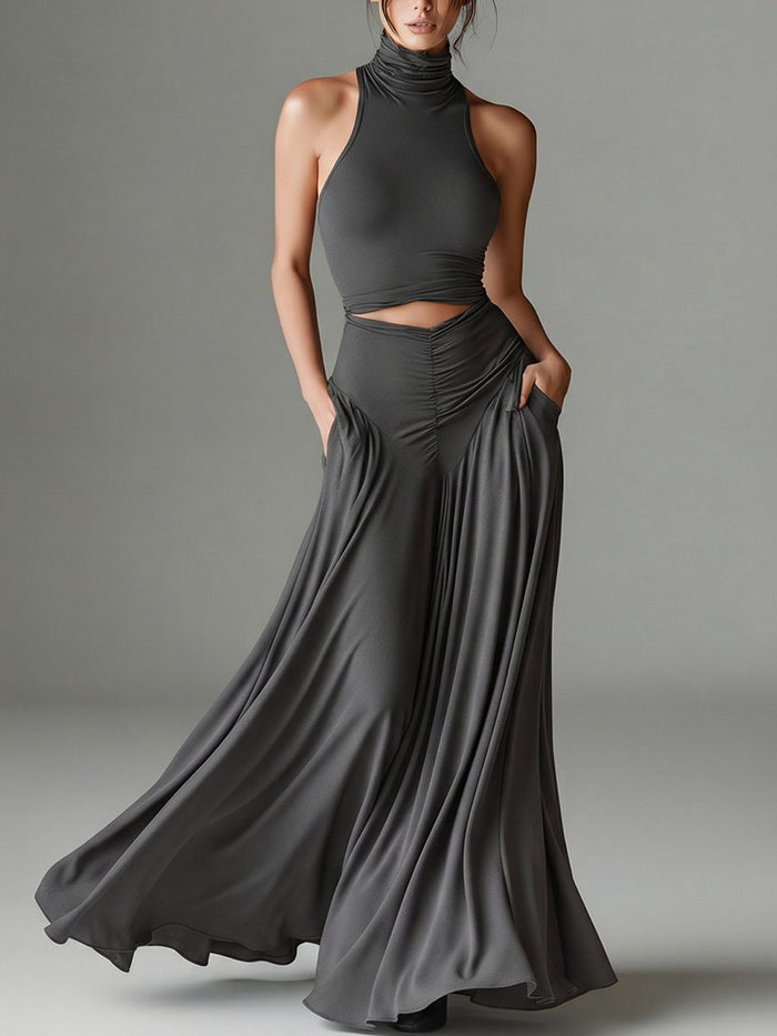 Women's Grey Jersey Maxi Dress with Halterneck and Waist Cut-Out - Maisie London