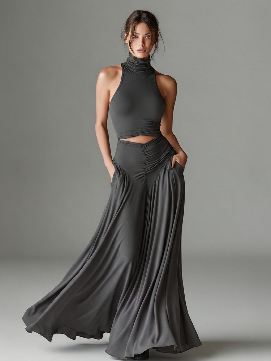 Women's Grey Jersey Maxi Dress with Halterneck and Waist Cut-Out - Maisie London