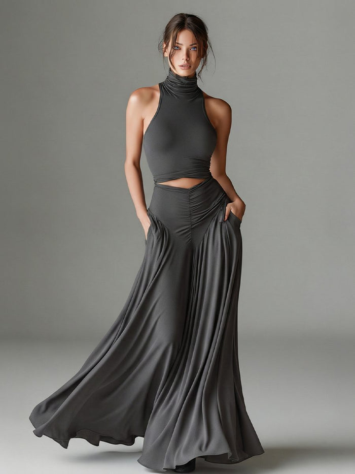 Women's Grey Jersey Maxi Dress with Halterneck and Waist Cut-Out - Maisie London