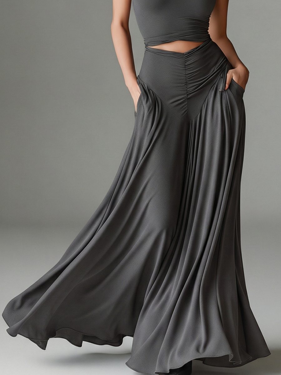 Women's Grey Jersey Maxi Dress with Halterneck and Waist Cut-Out - Maisie London