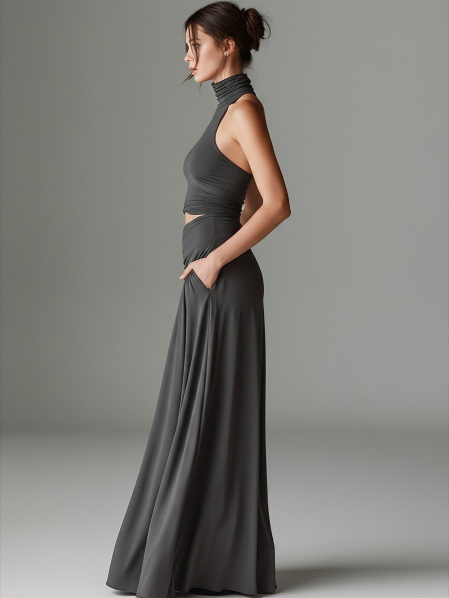 Women's Grey Jersey Maxi Dress with Halterneck and Waist Cut-Out - Maisie London