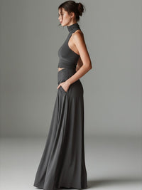 Women's Grey Jersey Maxi Dress with Halterneck and Waist Cut-Out - Maisie London