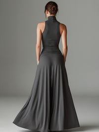 Women's Grey Jersey Maxi Dress with Halterneck and Waist Cut-Out - Maisie London