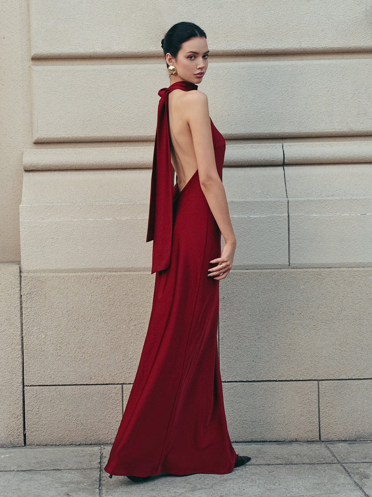 Women's Burgundy Satin Maxi Dress with Halterneck and Open Back - Maisie London