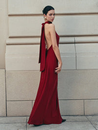 Women's Burgundy Satin Maxi Dress with Halterneck and Open Back - Maisie London