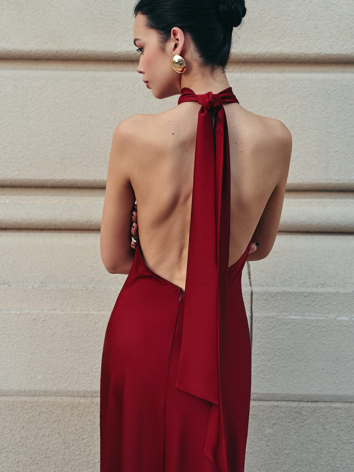 Women's Burgundy Satin Maxi Dress with Halterneck and Open Back - Maisie London