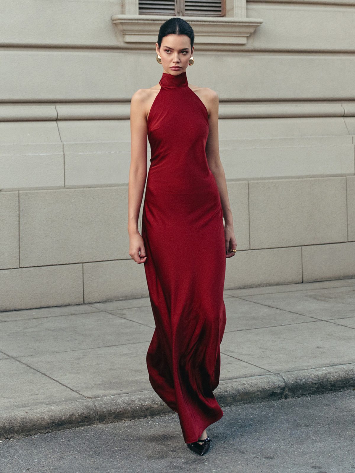 Women's Burgundy Satin Maxi Dress with Halterneck and Open Back - Maisie London
