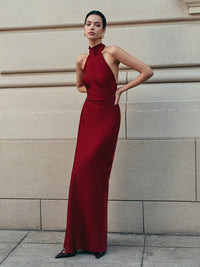 Women's Burgundy Satin Maxi Dress with Halterneck and Open Back - Maisie London