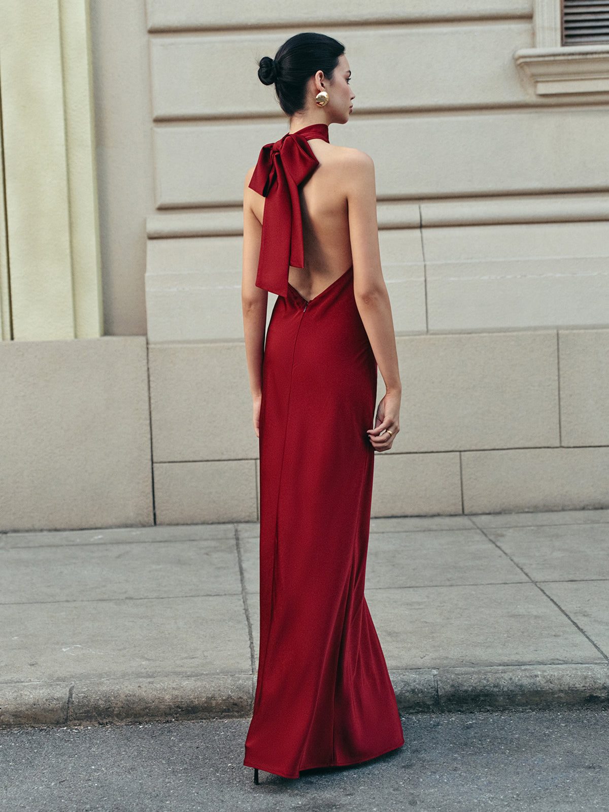 Women's Burgundy Satin Maxi Dress with Halterneck and Open Back - Maisie London
