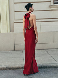 Women's Burgundy Satin Maxi Dress with Halterneck and Open Back - Maisie London