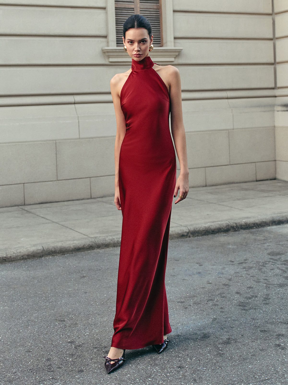 Women's Burgundy Satin Maxi Dress with Halterneck and Open Back - Maisie London