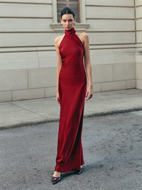 Women's Burgundy Satin Maxi Dress with Halterneck and Open Back - Maisie London