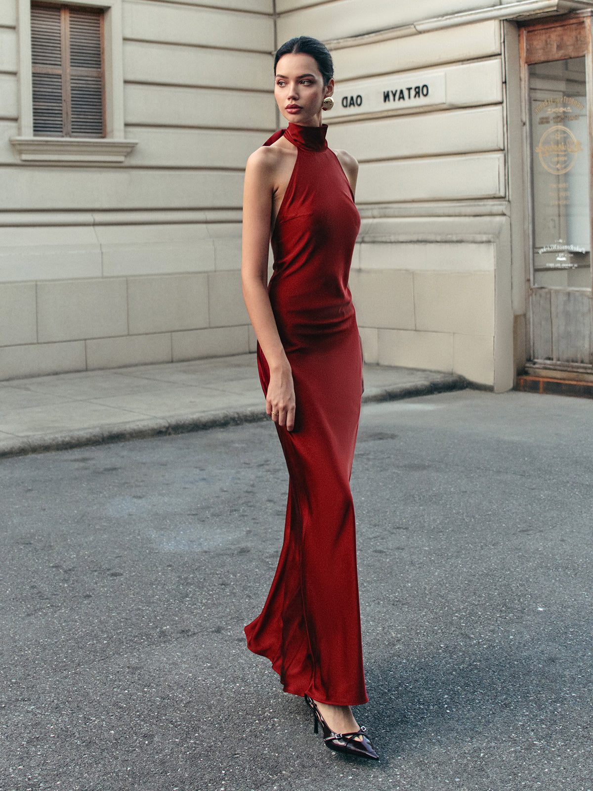 Women's Burgundy Satin Maxi Dress with Halterneck and Open Back - Maisie London