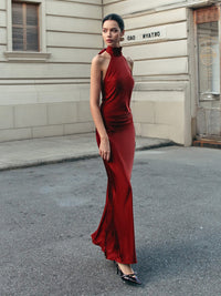 Women's Burgundy Satin Maxi Dress with Halterneck and Open Back - Maisie London