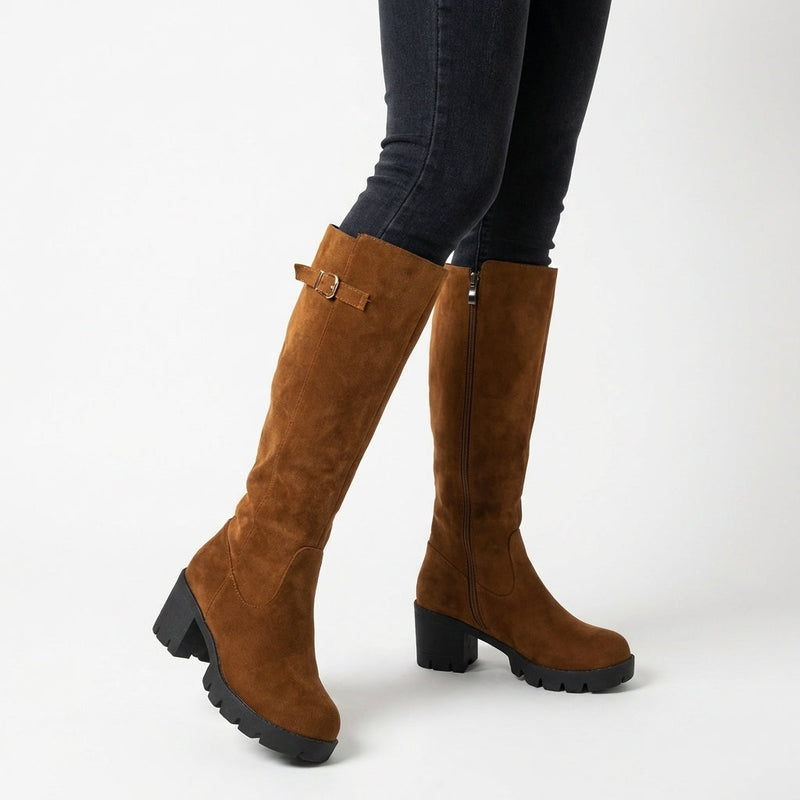Women's Faux Suede Knee-High Boots with Block Heel and Lug Sole - Maisie London