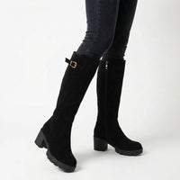 Women's Faux Suede Knee-High Boots with Block Heel and Lug Sole - Maisie London