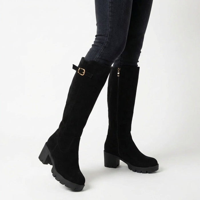 Women's Faux Suede Knee-High Boots with Block Heel and Lug Sole - Maisie London