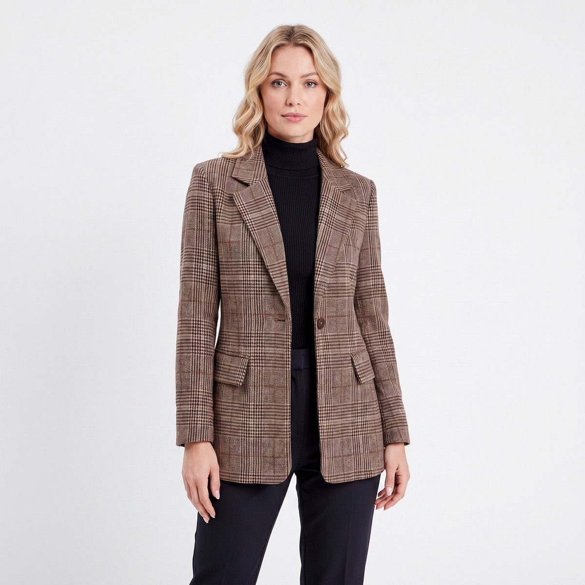 Women's Brown Check Longline Blazer with Lapels and Flap Pockets - Maisie London