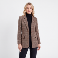 Women's Brown Check Longline Blazer with Lapels and Flap Pockets - Maisie London