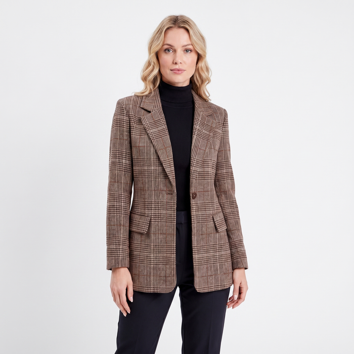 Women's Brown Check Longline Blazer with Lapels and Flap Pockets - Maisie London