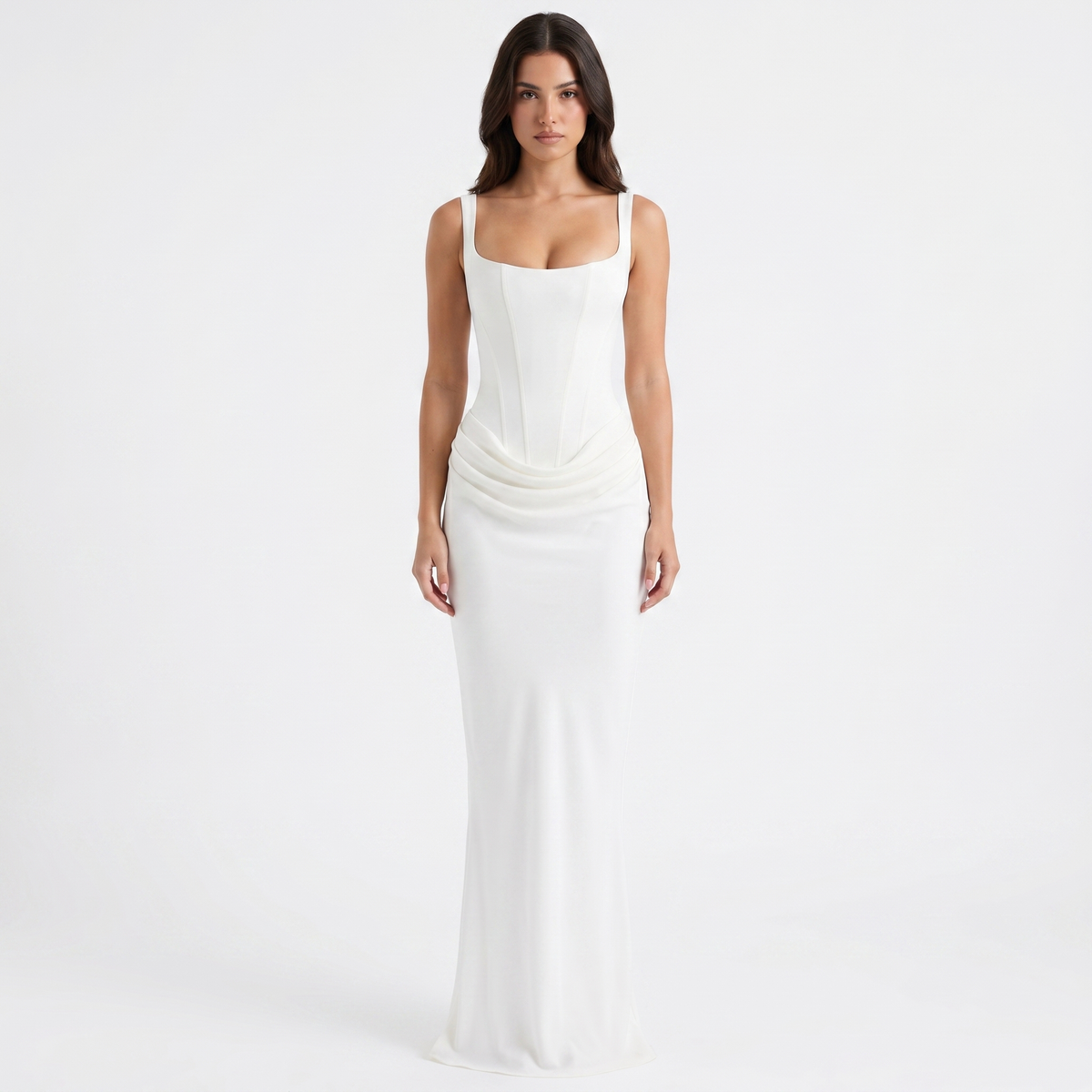 Women's Satin Corset Maxi Dress with Square Neck and Ruched Hip - Maisie London