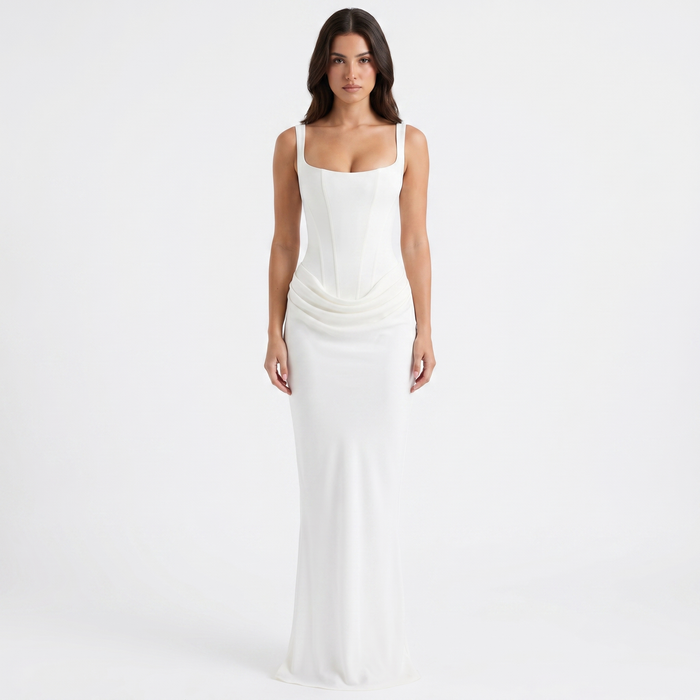 Women's Satin Corset Maxi Dress with Square Neck and Ruched Hip - Maisie London