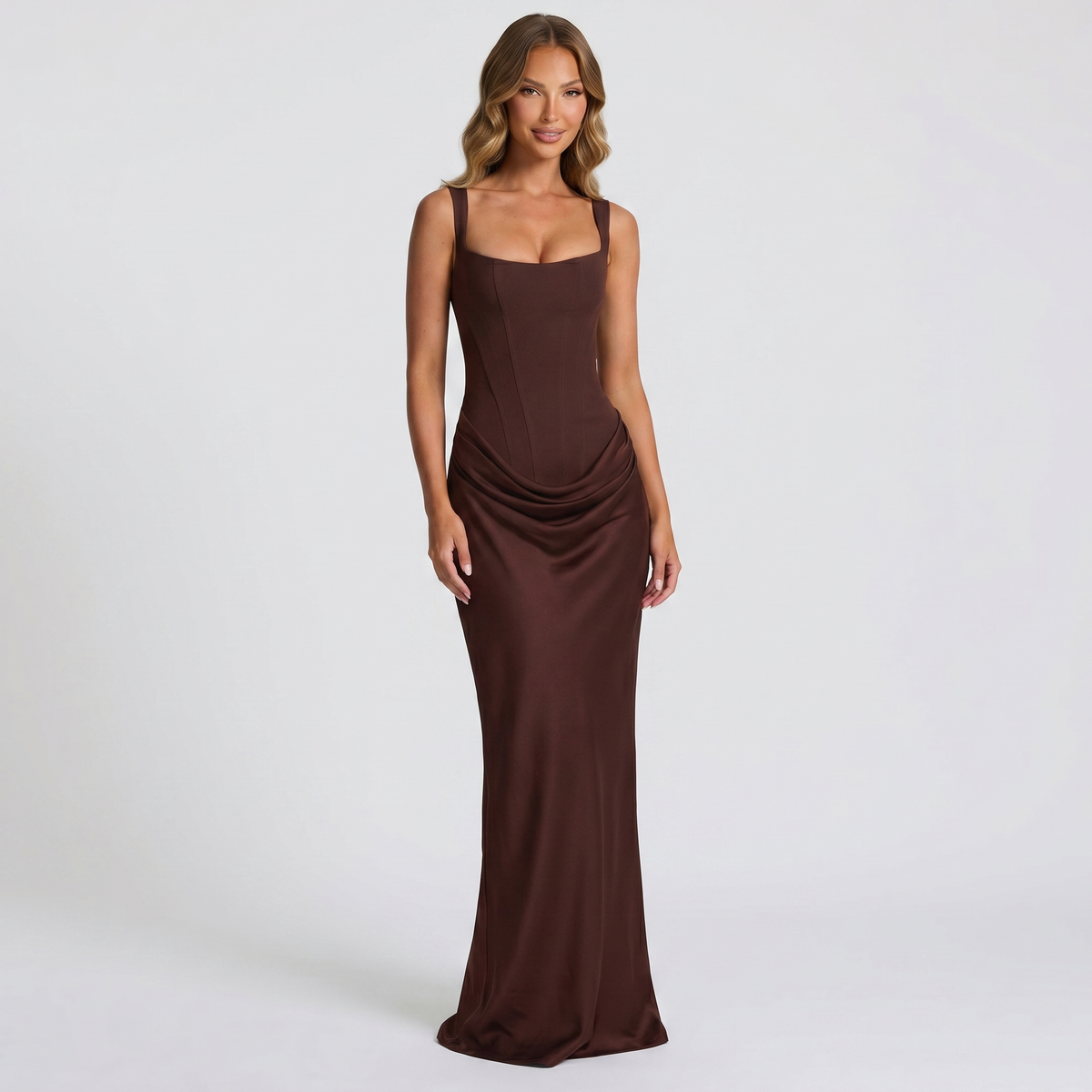 Women's Satin Corset Maxi Dress with Square Neck and Ruched Hip - Maisie London