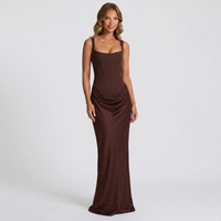 Women's Satin Corset Maxi Dress with Square Neck and Ruched Hip - Maisie London