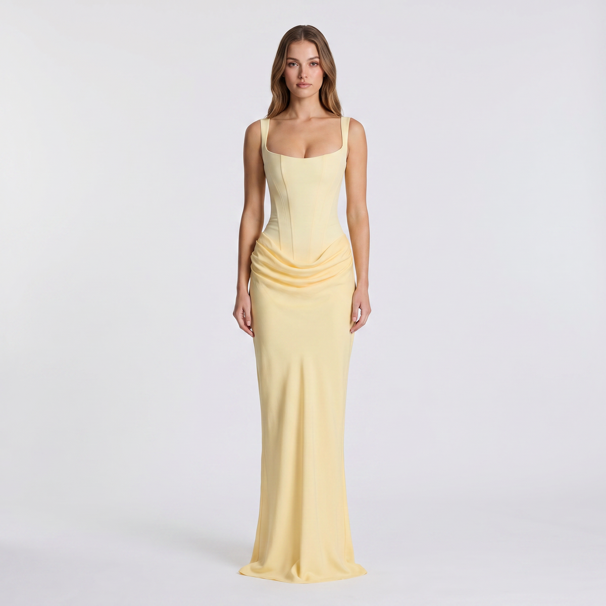 Women's Satin Corset Maxi Dress with Square Neck and Ruched Hip - Maisie London