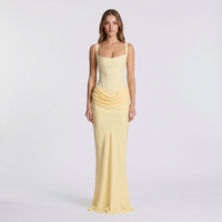Women's Satin Corset Maxi Dress with Square Neck and Ruched Hip - Maisie London