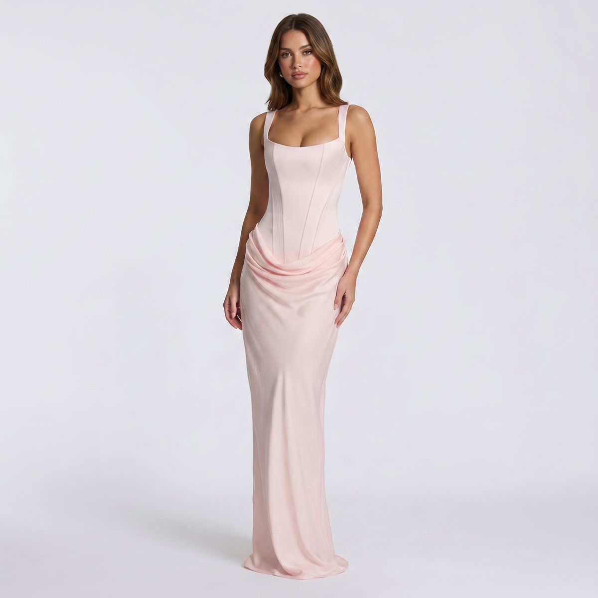 Women's Satin Corset Maxi Dress with Square Neck and Ruched Hip - Maisie London