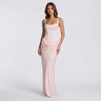 Women's Satin Corset Maxi Dress with Square Neck and Ruched Hip - Maisie London