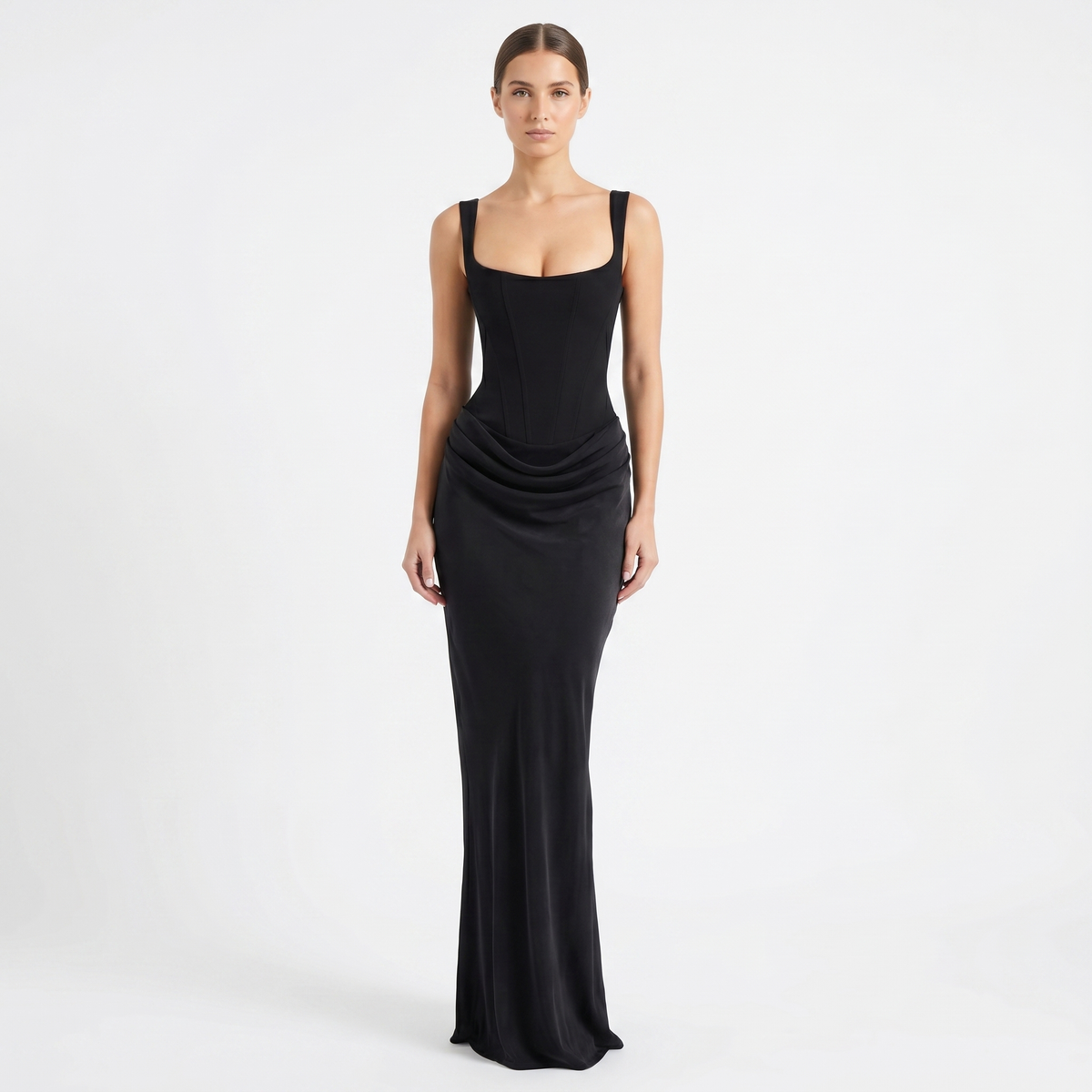 Women's Satin Corset Maxi Dress with Square Neck and Ruched Hip - Maisie London