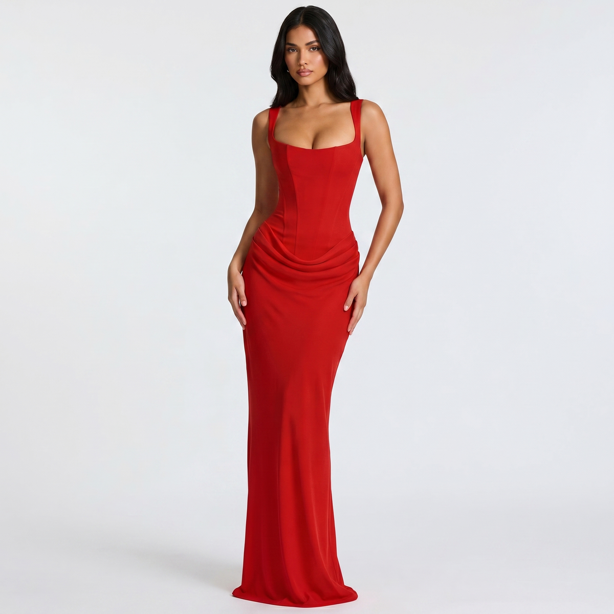 Women's Satin Corset Maxi Dress with Fishtail Hem and Square Neck - Maisie London