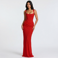 Women's Satin Corset Maxi Dress with Fishtail Hem and Square Neck - Maisie London