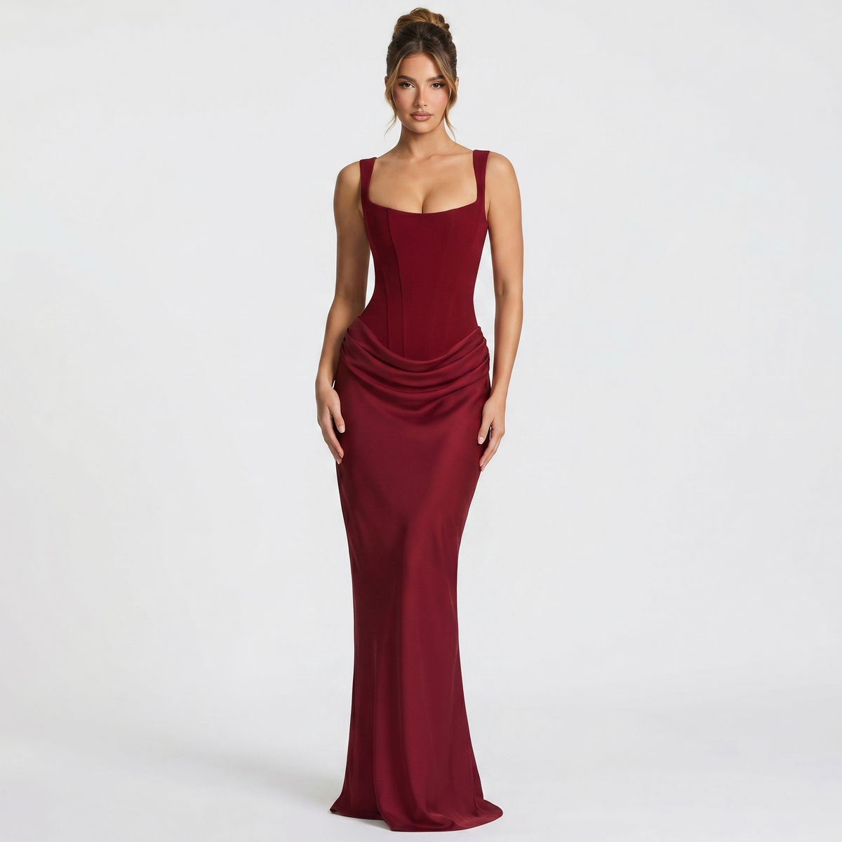 Women's Satin Corset Maxi Dress with Fishtail Hem and Square Neck - Maisie London