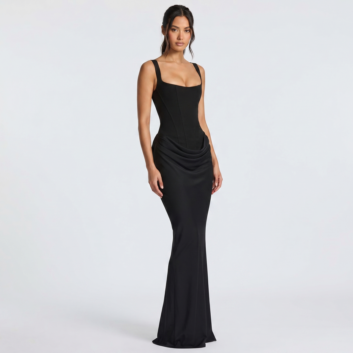 Women's Satin Corset Maxi Dress with Fishtail Hem and Square Neck - Maisie London