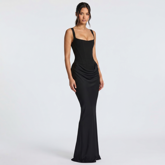 Women's Satin Corset Maxi Dress with Fishtail Hem and Square Neck - Maisie London