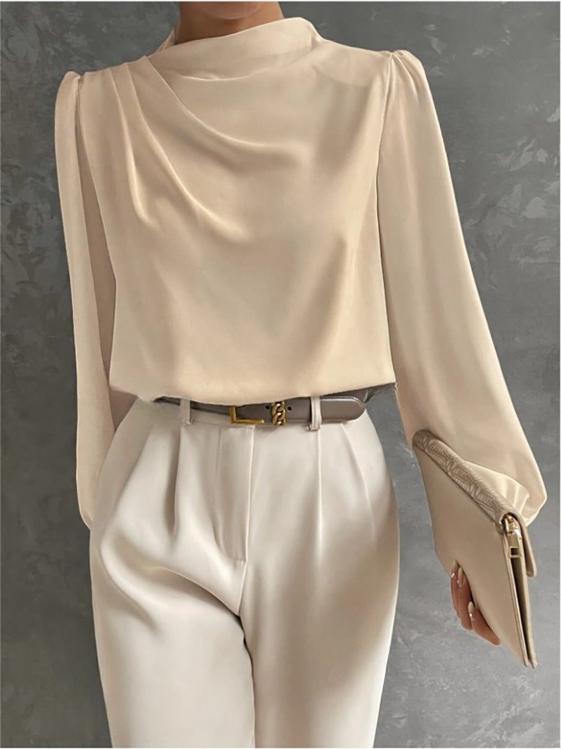 Women's Satin High-Neck Blouse with Draped Front and Long Sleeves - Maisie London