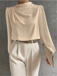 Women's Satin High-Neck Blouse with Draped Front and Long Sleeves - Maisie London