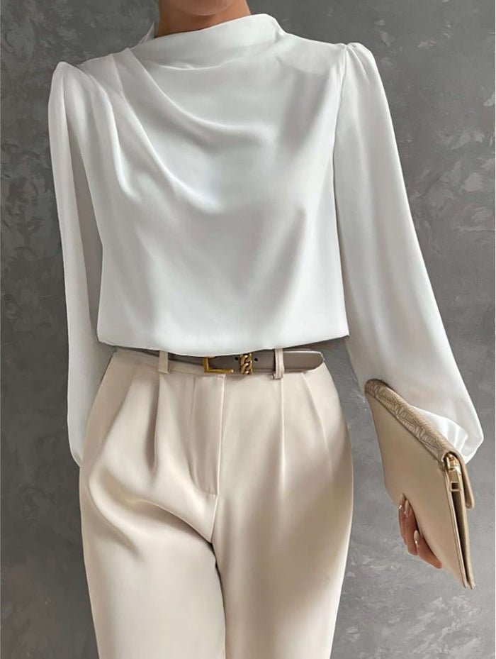 Women's Satin High-Neck Blouse with Draped Front and Long Sleeves - Maisie London