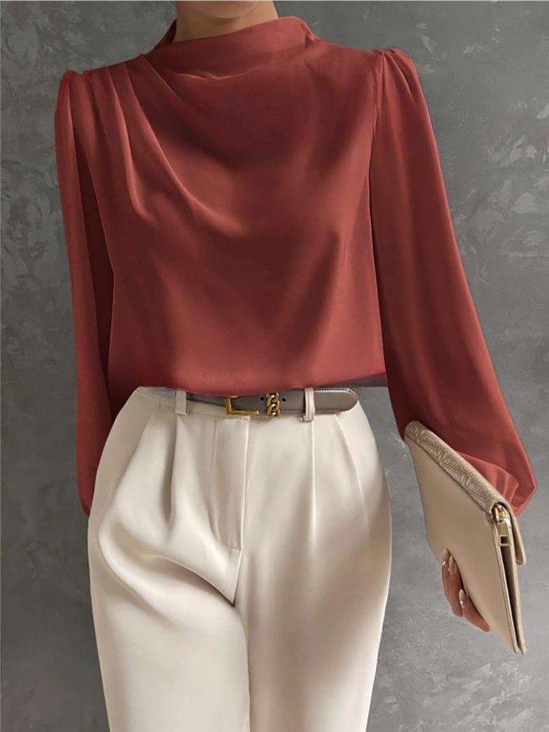 Women's Satin High-Neck Blouse with Draped Front and Long Sleeves - Maisie London