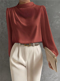 Women's Satin High-Neck Blouse with Draped Front and Long Sleeves - Maisie London