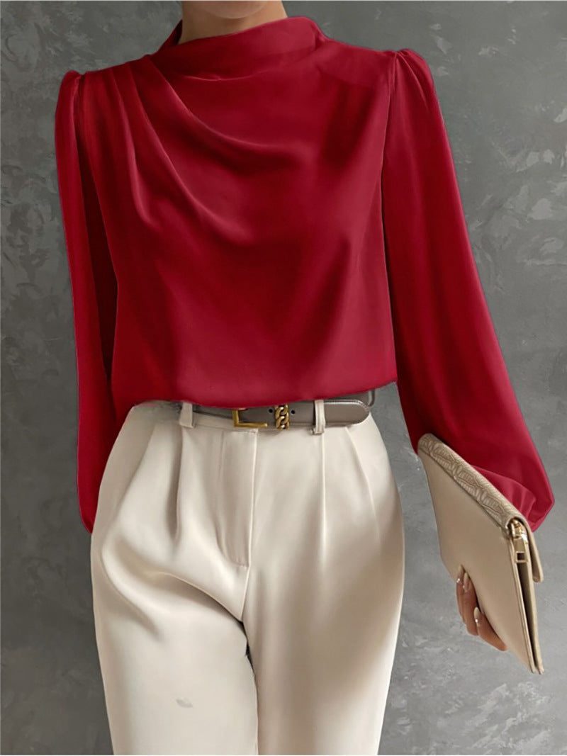 Women's Satin High-Neck Blouse with Draped Front and Long Sleeves - Maisie London